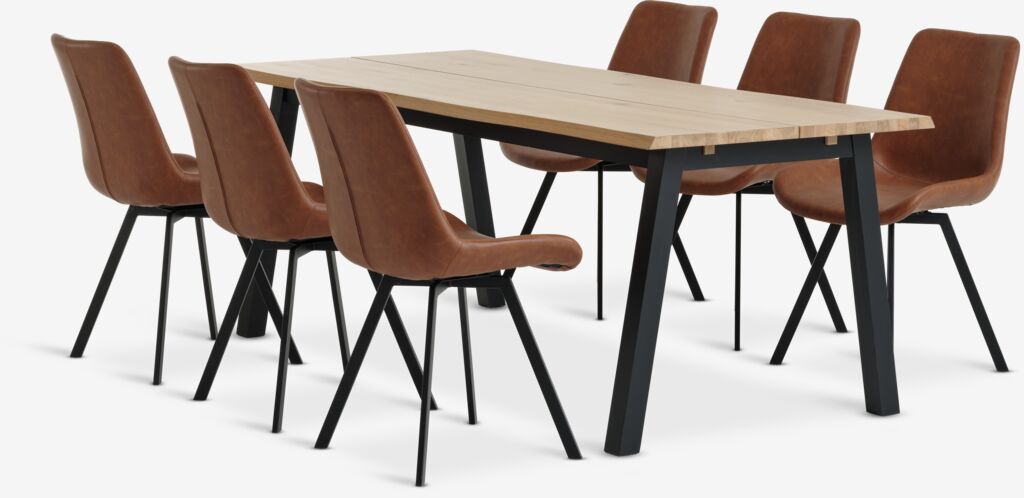 SKOVLUNDE + HYGUM SKOVLUNDE L200 bord natur ek + 4 HYGUM stol konjak