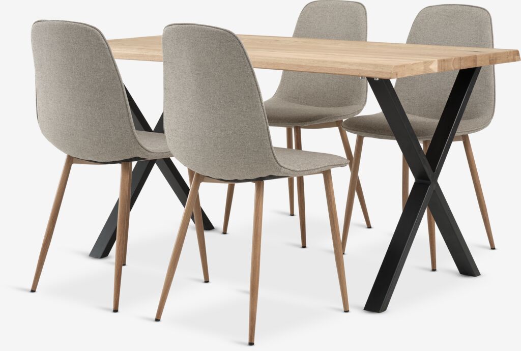 ROSKILDE/ROSLEV + BISTRUP ROSKILDE/ROSLEV L140 bord natur ek + 4 BISTRUP stol sand