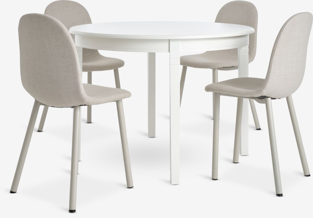 KIRKEBY + EJSTRUP KIRKEBY Ø110 bord vit + 4 EJSTRUP stol beige