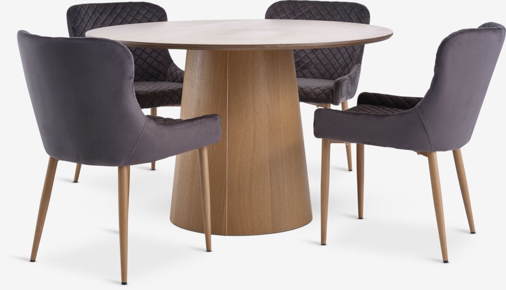 KLIPLEV + PEBRINGE KLIPLEV Ø120 bord natur ek + 4 PEBRINGE stol grå sammet