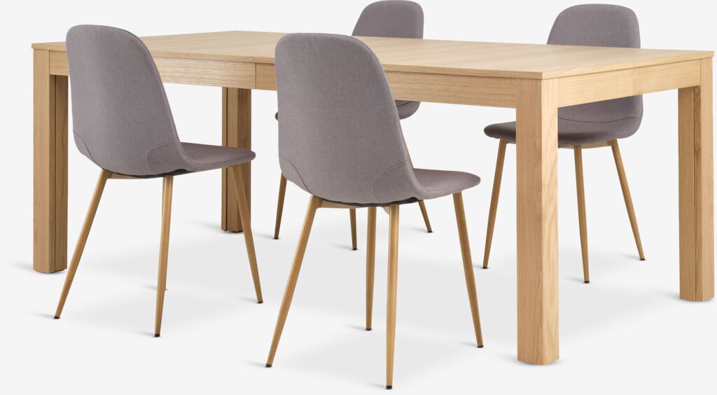 KORSKRO + JONSTRUP KORSKRO L200 bord natur ek + 4 JONSTRUP stol grå/ek