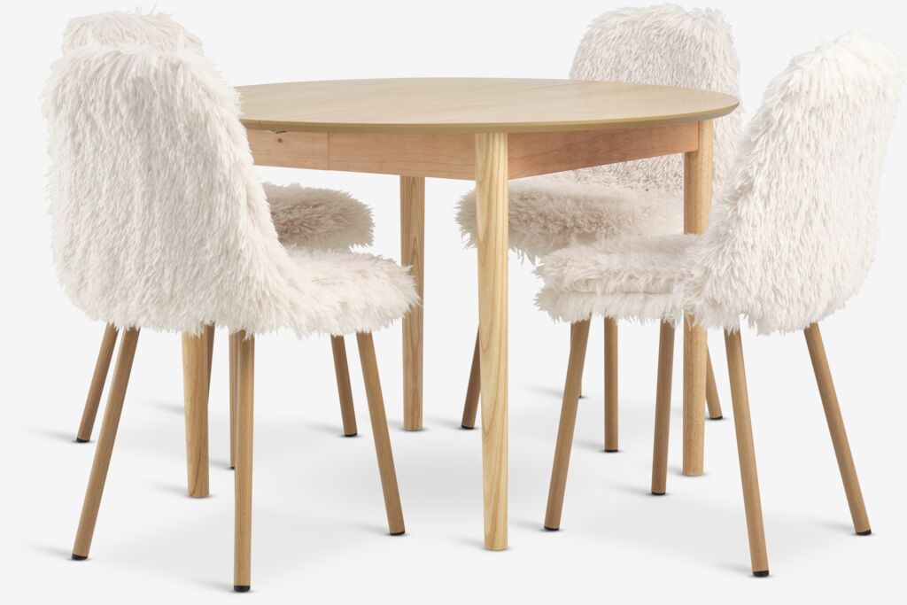 MARSTRAND + JONSTRUP MARSTRAND Ø110 bord natur ek + 4 JONSTRUP teddy offwhite