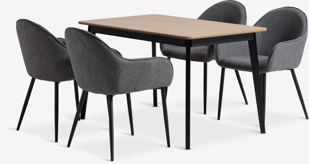 JEGIND + SABRO JEGIND L130 bord natur ek + 4 SABRO stol grå/svart