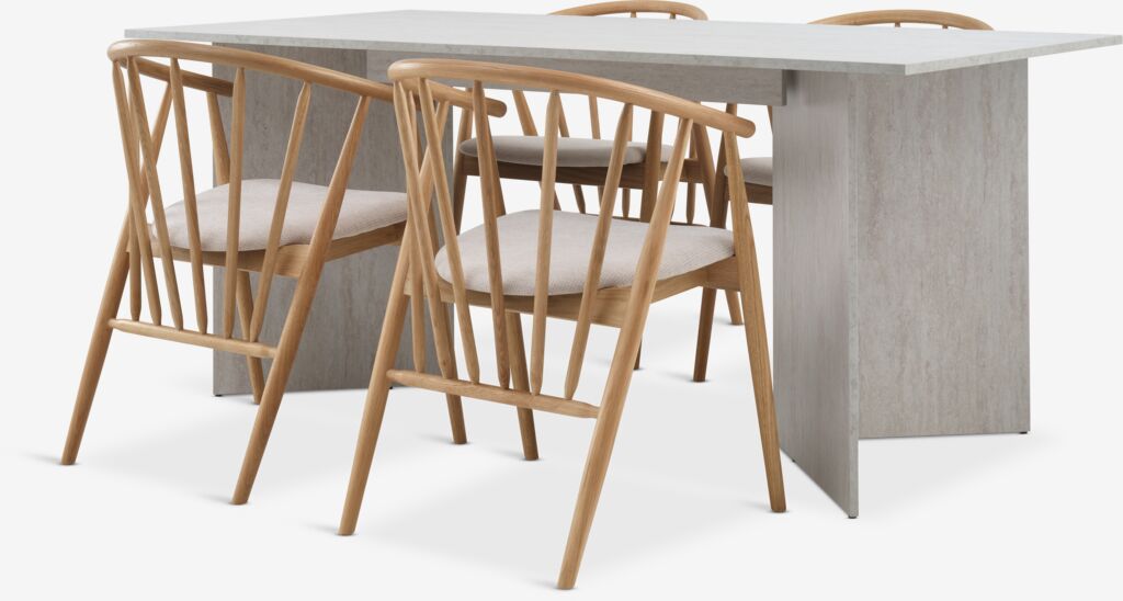 KRONDAL + LYKSBORG KRONDAL L180 bord travertin + 4 LYKSBORG stol natur ek