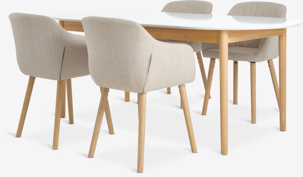 MARSTRAND + ADSLEV MARSTRAND L200/280 bord vit + 4 ADSLEV stol beige
