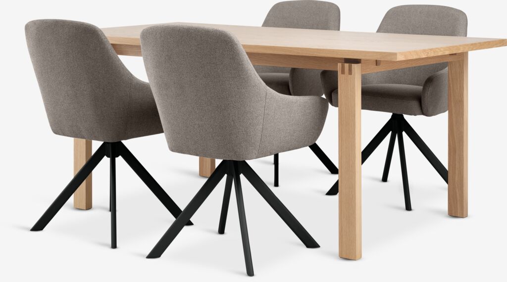 MEJLSKOV + ROSTRUP MEJLSKOV L180 bord natur ek + 4 ROSTRUP stol sand/svart