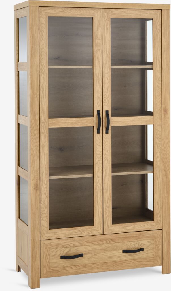 JUNGEN Vitrinskåp JUNGEN 2 glasdörrar 1 låda varm ekfärgat