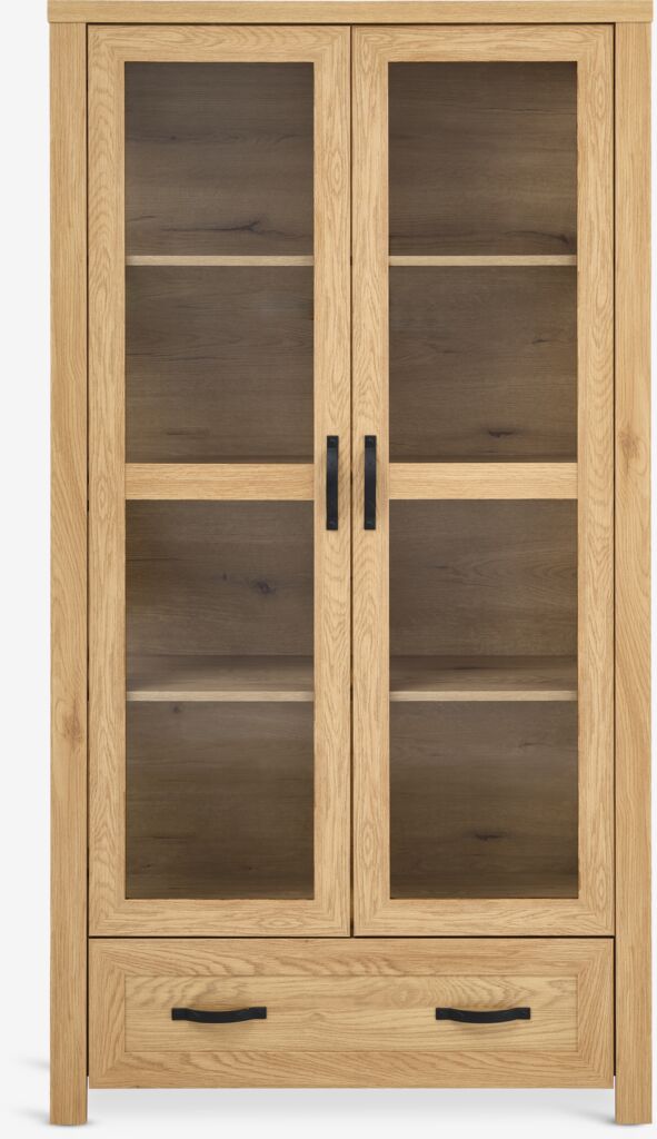 JUNGEN Vitrinskåp JUNGEN 2 glasdörrar 1 låda varm ekfärgat