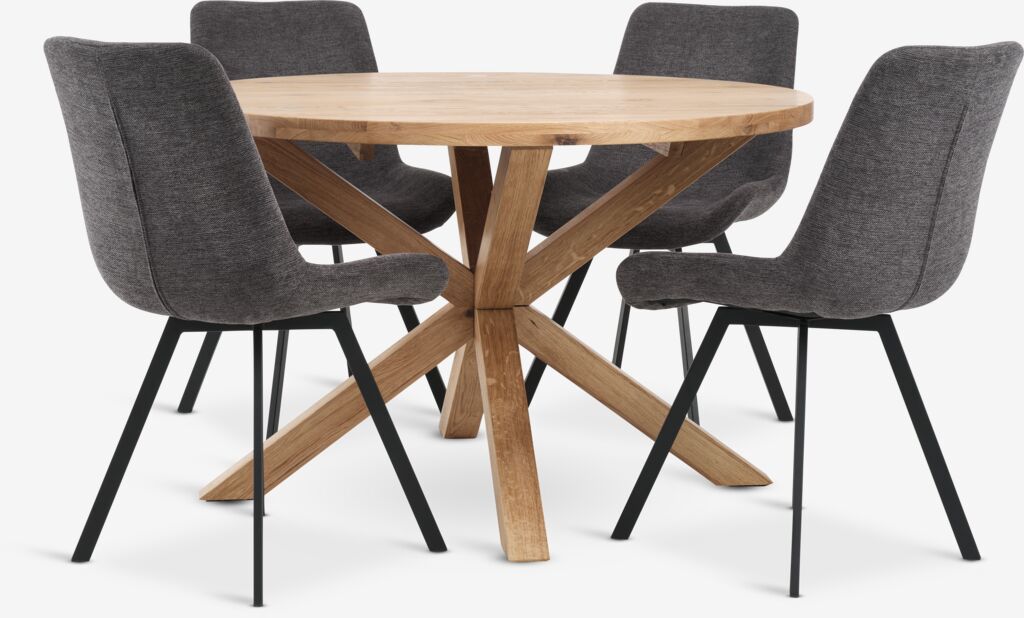 GRIBSKOV + HYGUM GRIBSKOV Ø120 bord natur ek + 4 HYGUM stol grå