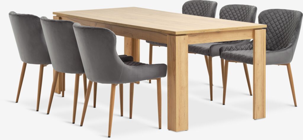 LINTRUP + PEBRINGE LINTRUP L190/280 natur vildek + 4 PEBRINGE stol grå sammet