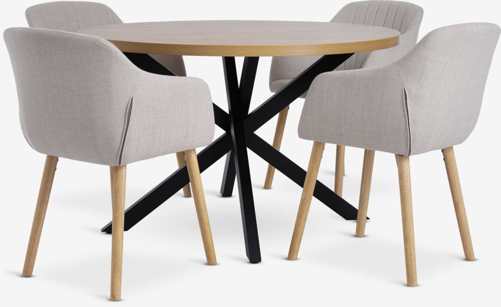 NORTOFT + ADSLEV NORTOFT Ø120 bord varm ek + 4 ADSLEV stol beige