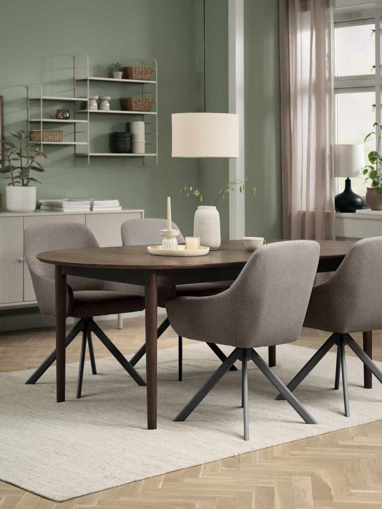 MARSTRAND + ROSTRUP MARSTRAND L200/280 bord mörk ek + 4 ROSTRUP stol sand