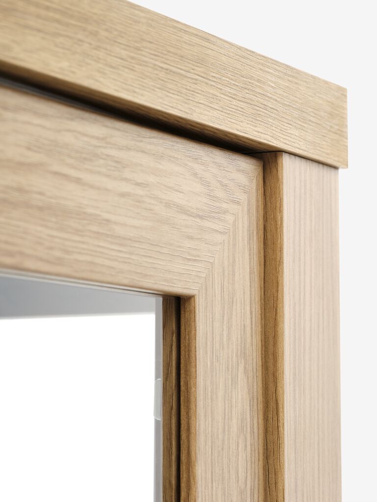 JUNGEN Vitrinskåp JUNGEN 2 glasdörrar 1 låda varm ekfärgat