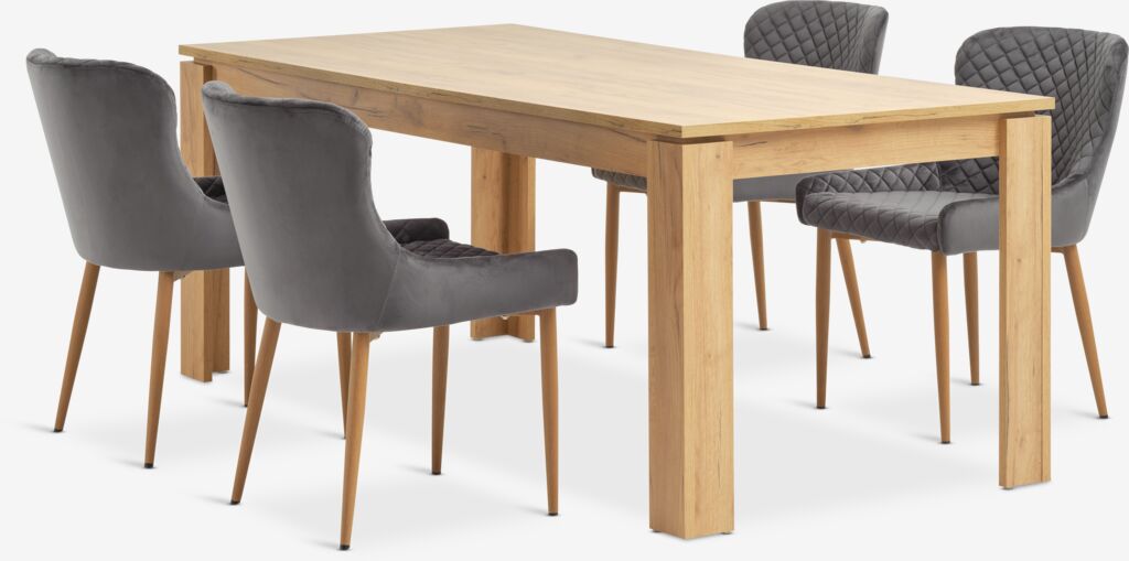 LINTRUP + PEBRINGE LINTRUP L190/280 natur vildek + 4 PEBRINGE stol grå sammet