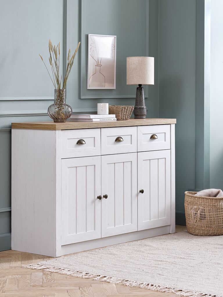 MARKSKEL Skänk MARKSKEL 3 dörrar vit/natur vildekfärgad