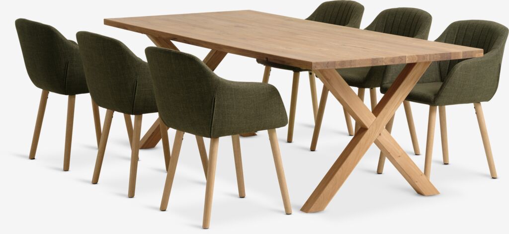 GRIBSKOV + ADSLEV GRIBSKOV L230 bord natur ek + 4 ADSLEV stol olivgrön