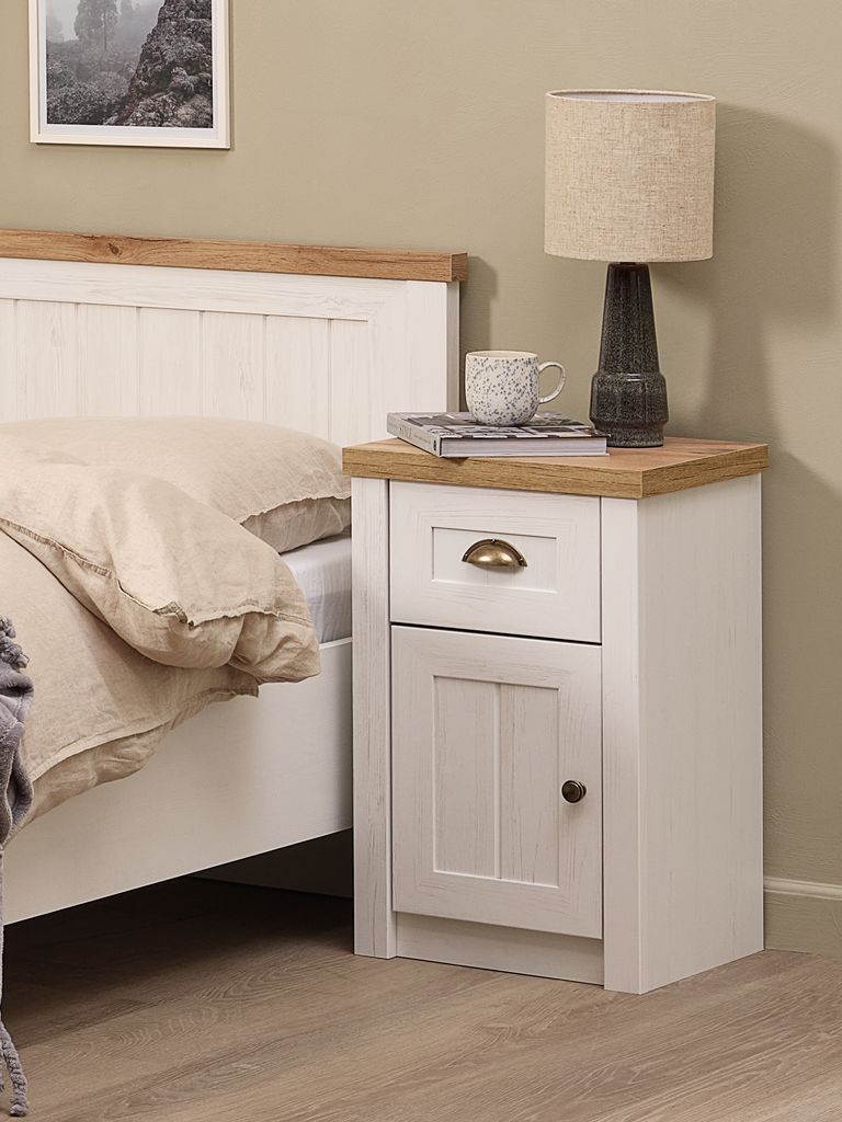 MARKSKEL Sängbord MARKSKEL 1 låda vit/natur vildekfärgat