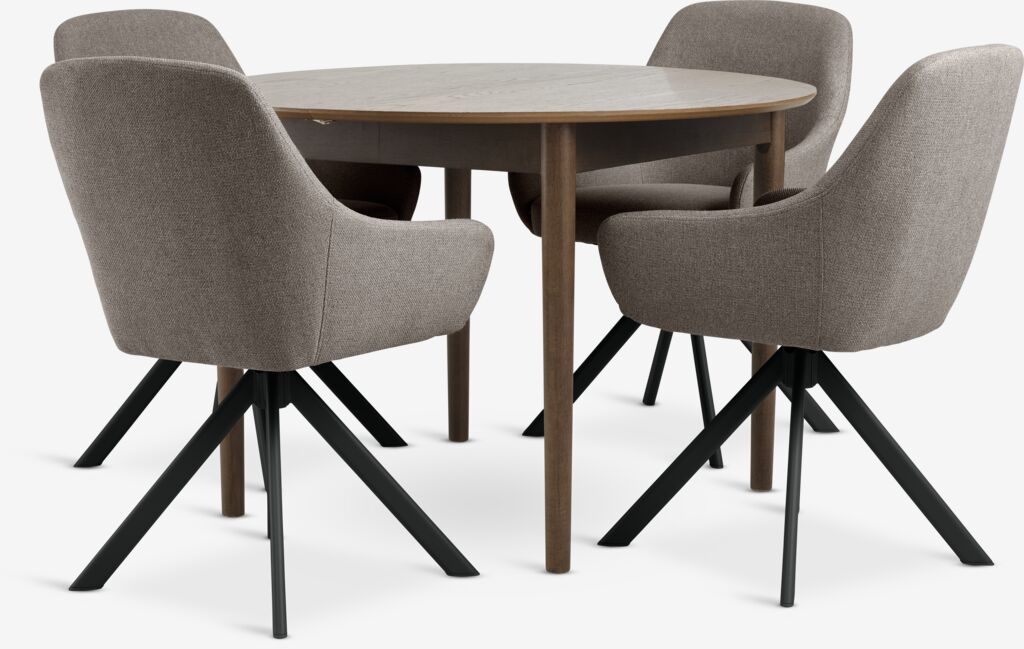 MARSTRAND + ROSTRUP MARSTRAND Ø110 bord mörk ek + 4 ROSTRUP stol sand/svart