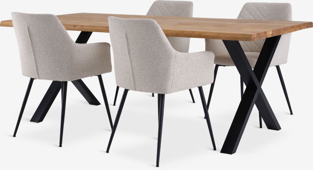 ROSKILDE/ROSLEV + PURHUS ROSKILDE/ROSLEV L200 bord natur ek + 4 PURHUS stol offwhite