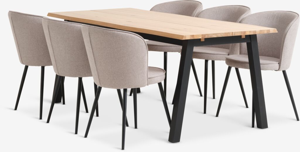 SKOVLUNDE + RISSKOV SKOVLUNDE L200 bord natur ek + 4 RISSKOV stol ljusgrå