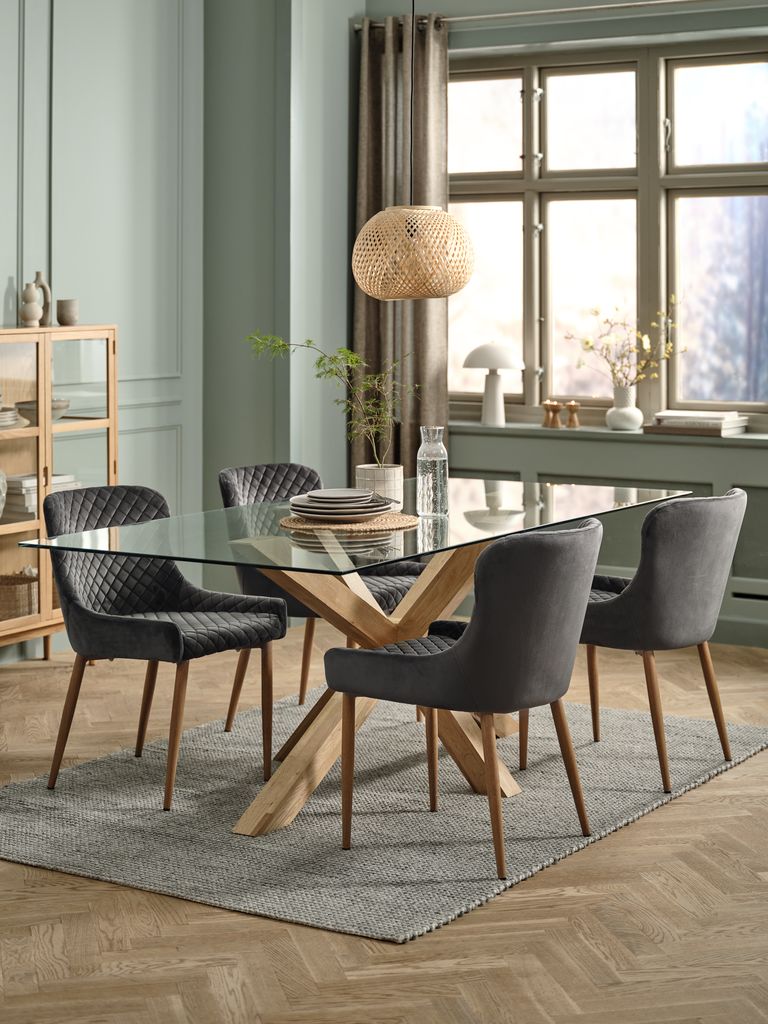 AGERBY + PEBRINGE AGERBY L190 bord natur ek + 4 PEBRINGE stol grå sammet