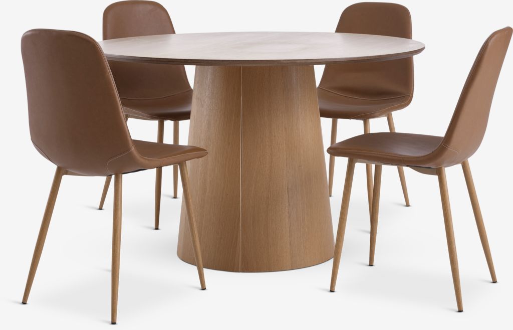 KLIPLEV + JONSTRUP KLIPLEV Ø120 bord natur ek + 4 JONSTRUP stol konjak/natur ek