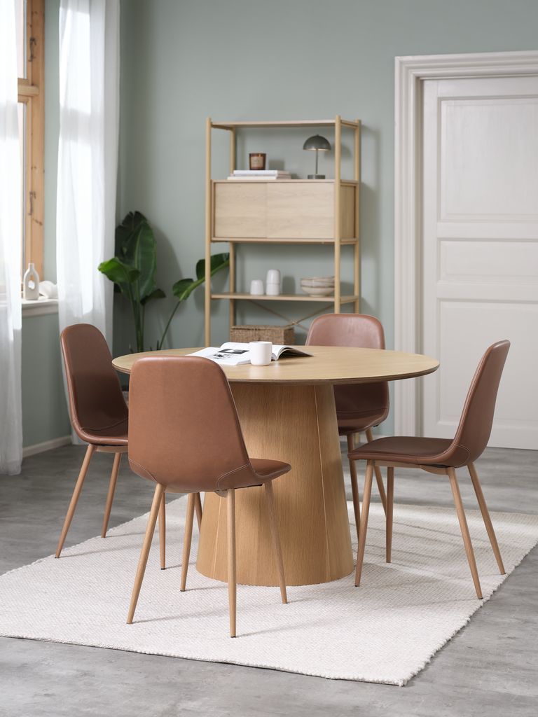 KLIPLEV + JONSTRUP KLIPLEV Ø120 bord natur ek + 4 JONSTRUP stol konjak/natur ek