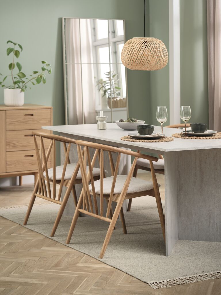 KRONDAL + LYKSBORG KRONDAL L180 bord travertin + 4 LYKSBORG stol natur ek