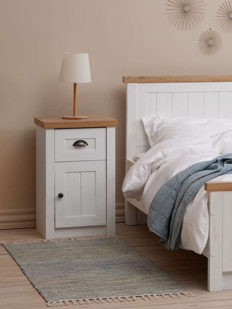 MARKSKEL Sängbord MARKSKEL 1 låda vit/natur vildekfärgat