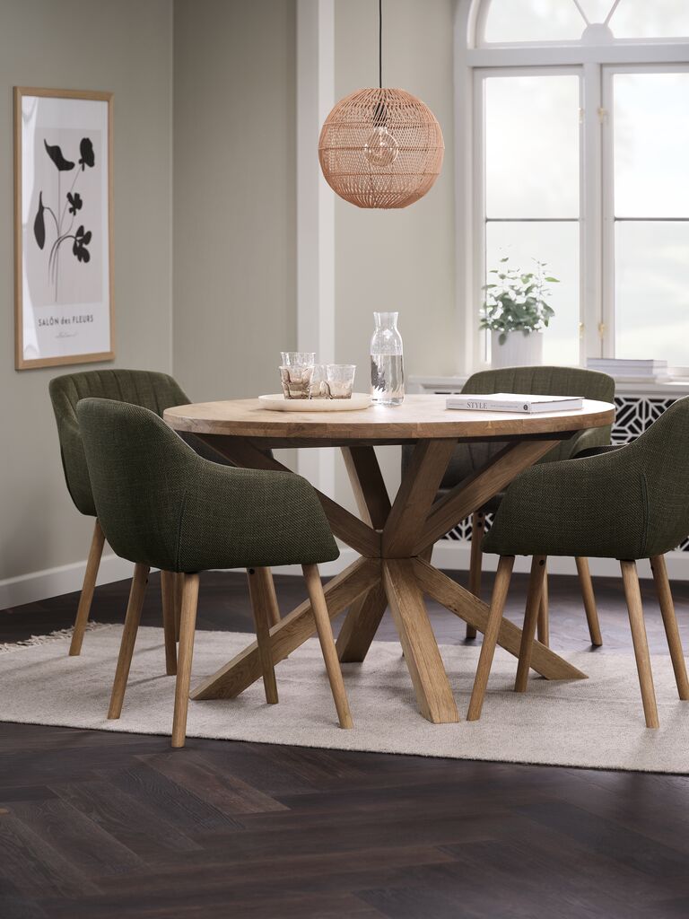 GRIBSKOV + ADSLEV GRIBSKOV Ø120 bord natur ek + 4 ADSLEV stol olivgrön