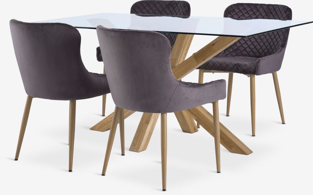 AGERBY + PEBRINGE AGERBY L160 bord natur ek + 4 PEBRINGE stol grå sammet