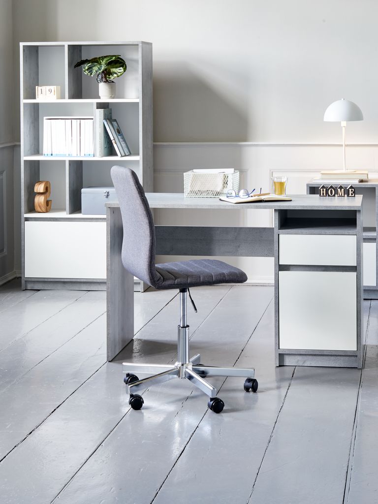 BILLUND Bokhylla BILLUND 1 låda 3 hyllor betongfärgad/vit