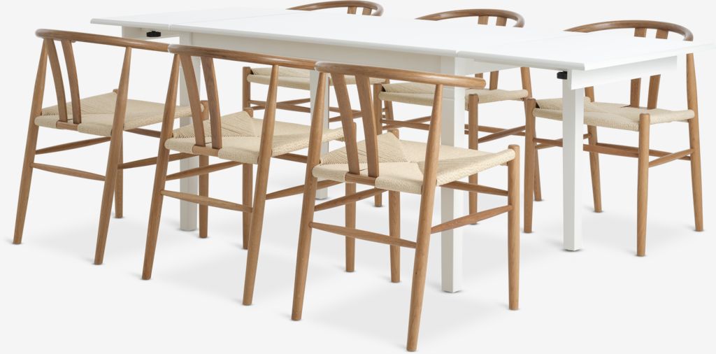 KIRKEBY + GUDERUP KIRKEBY L130/220 bord vit + 4 GUDERUP stol ek/natur