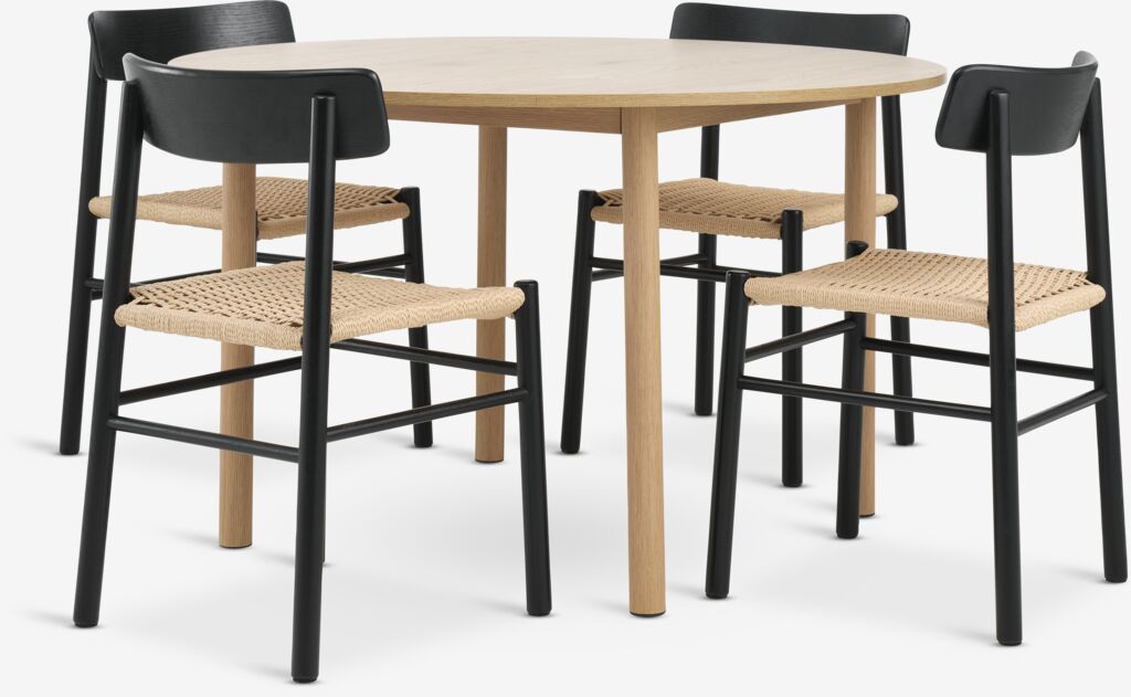 ALSTED + ISLEV ALSTED Ø120 bord natur ek + 4 ISLEV stol svart/natur