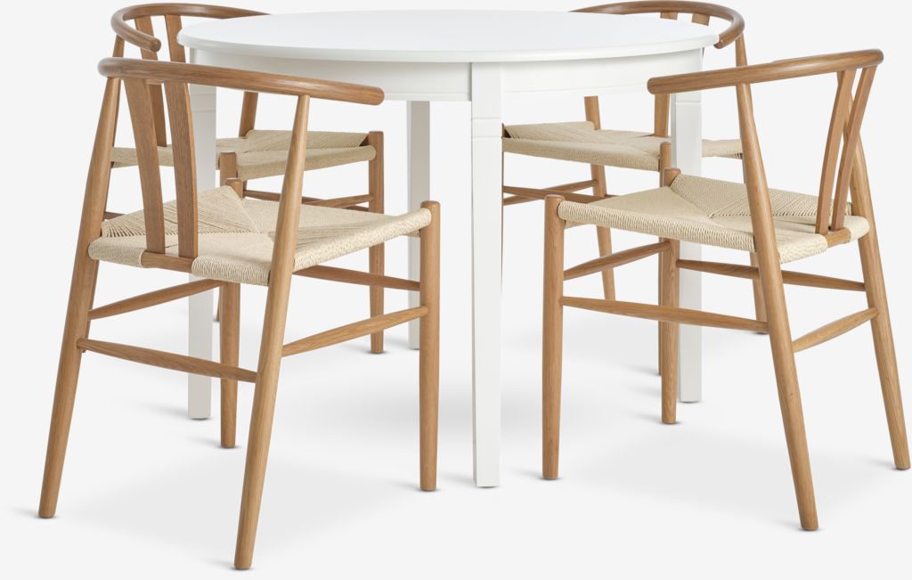 KIRKEBY + GUDERUP KIRKEBY Ø110 bord vit + 4 GUDERUP stol natur ek