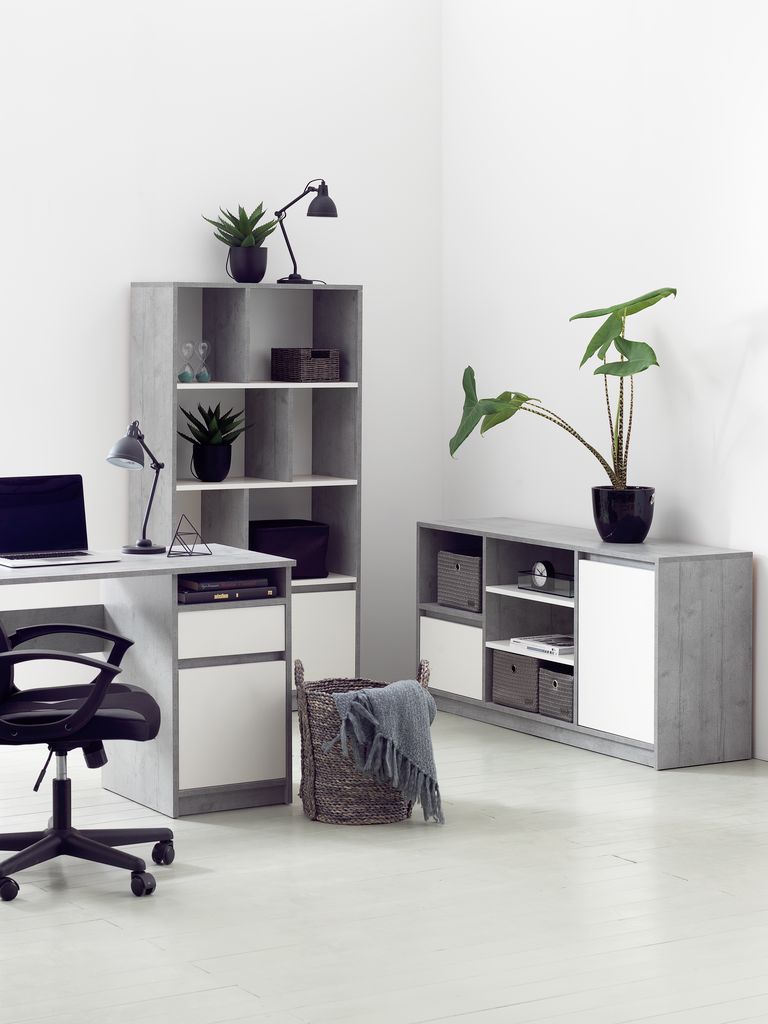 BILLUND Bokhylla BILLUND 1 låda 3 hyllor betongfärgad/vit