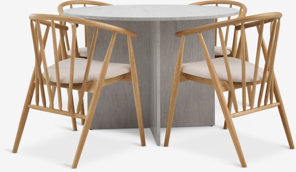 KRONDAL + LYKSBORG KRONDAL Ø110 bord travertin + 4 LYKSBORG stol natur ek