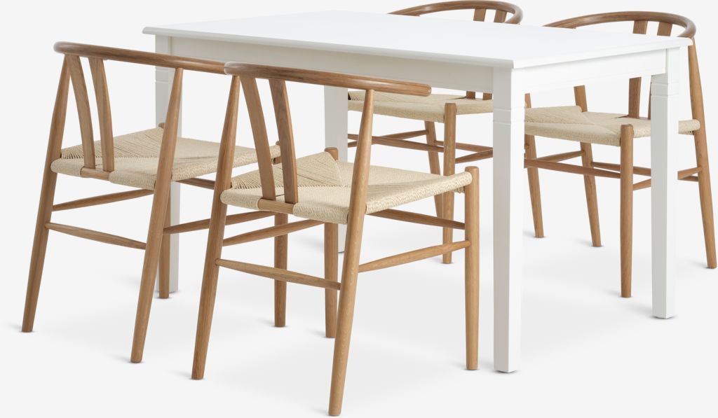 KIRKEBY + GUDERUP KIRKEBY L130/220 bord vit + 4 GUDERUP stol ek/natur