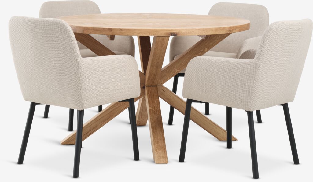 GRIBSKOV + SOTTRUP GRIBSKOV Ø120 bord natur ek + 4 SOTTRUP stol beige/svart