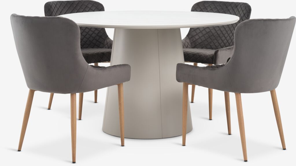 KLIPLEV + PEBRINGE KLIPLEV Ø120 bord travertin + 4 PEBRINGE grå sammet