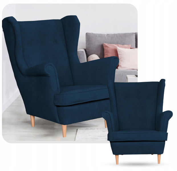 Fotel uszak skandynawski welur Hunter Family Meble błękitny