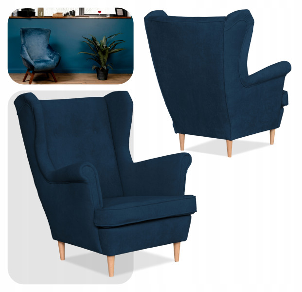 Fotel uszak skandynawski welur Hunter Family Meble błękitny