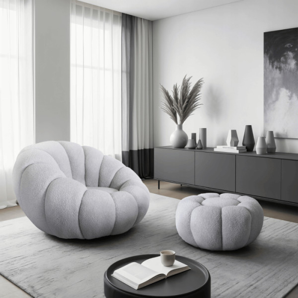 Fotel Obrotowy z Podnóżkiem Pufa Wypoczynkowy do Salonu Teddy PETTIT Szary