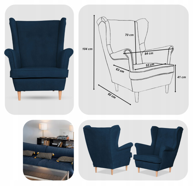Fotel uszak skandynawski welur Hunter Family Meble błękitny