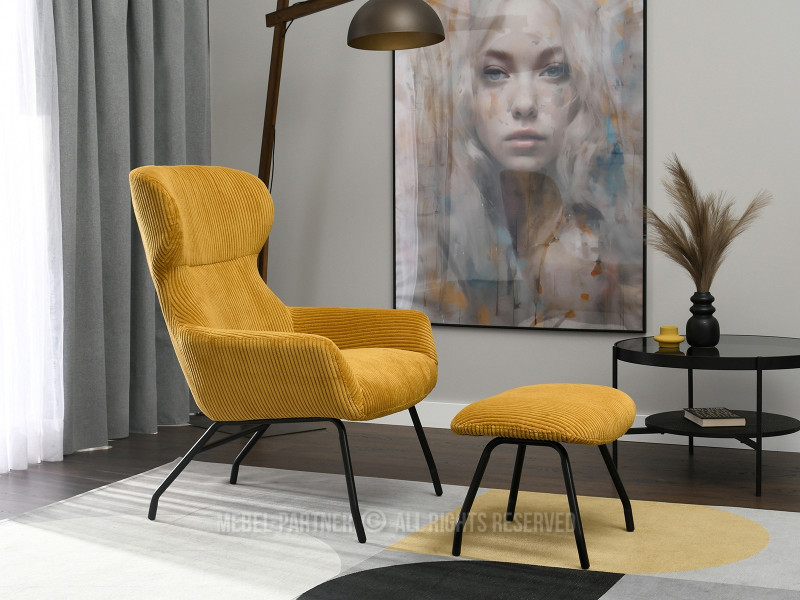 Beżowy Sztruksowy Fotel Conor Z Podnóżkiem Do Salonu