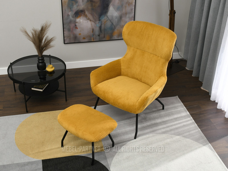 Beżowy Sztruksowy Fotel Conor Z Podnóżkiem Do Salonu