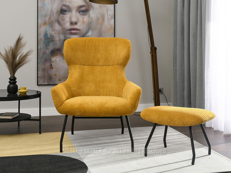 Beżowy Sztruksowy Fotel Conor Z Podnóżkiem Do Salonu