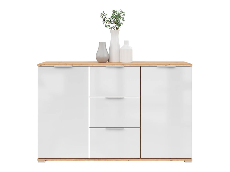 Komoda Zele 135 cm z 2 drzwiami i 3 szufladami dąb wotan/biały połysk