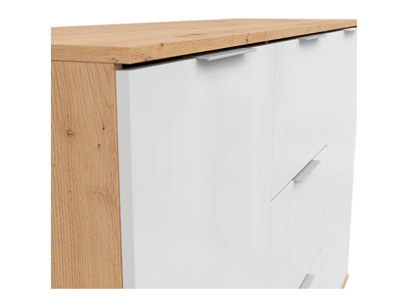 Komoda Zele 135 cm z 2 drzwiami i 3 szufladami dąb wotan/biały połysk