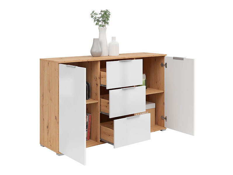 Komoda Zele 135 cm z 2 drzwiami i 3 szufladami dąb wotan/biały połysk